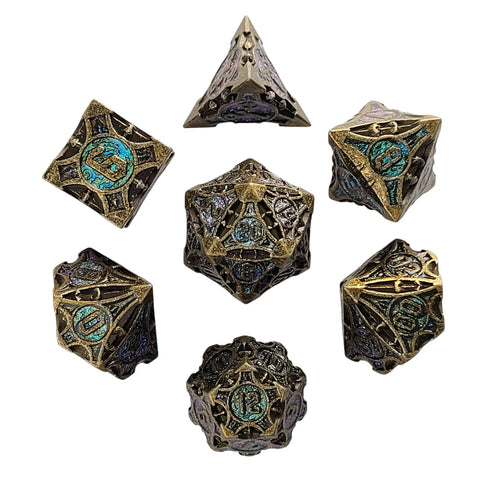 Arcane Enigma Ancient Bronze Blue Metal RPG Dice Set
