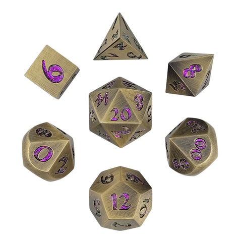 Forged Lore Brushed Brass Purple Glitter Set of 7 Metal Dice Set