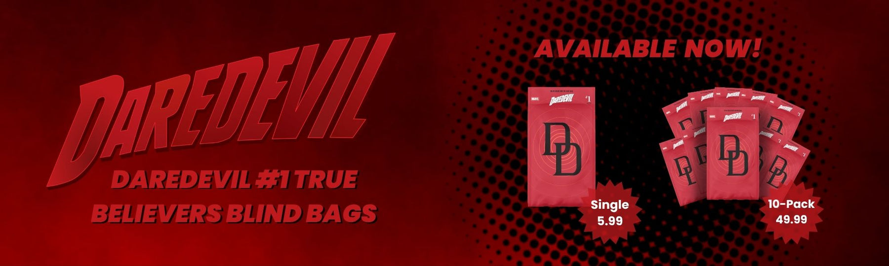 Promotional banner for Daredevil blind bags with red packaging and text on a dark red background.