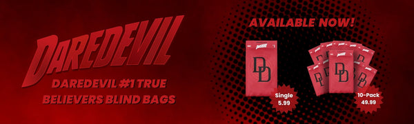 Promotional banner for Daredevil blind bags with red packaging and text on a dark red background.
